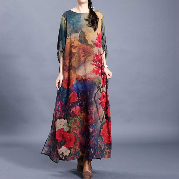 Flowers Pattern Vintage Modest Dress Silky Slit Dress