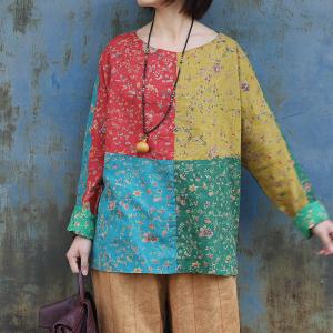 Color Block Long Sleeve Loose Linen Floral T-shirt