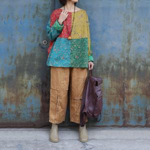 Color Block Long Sleeve Loose Linen Floral T-shirt