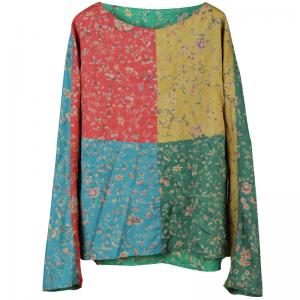 Color Block Long Sleeve Loose Linen Floral T-shirt