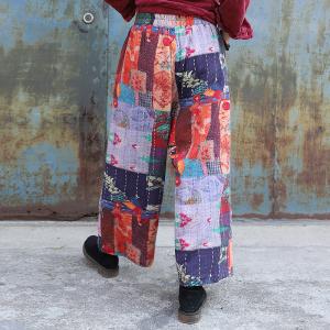 Patchwork Cotton Linen Folk Pants Loose Quilted Wide Leg Trousers