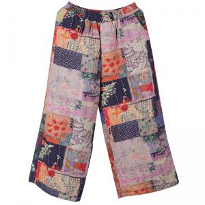 Patchwork Cotton Linen Folk Pants Loose Quilted Wide Leg Trousers