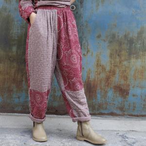 Cotton Linen Red Baggy Pants Over50 Folk Printed Trousers