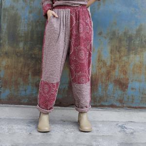 Cotton Linen Red Baggy Pants Over50 Folk Printed Trousers
