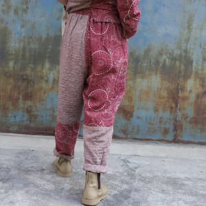 Cotton Linen Red Baggy Pants Over50 Folk Printed Trousers