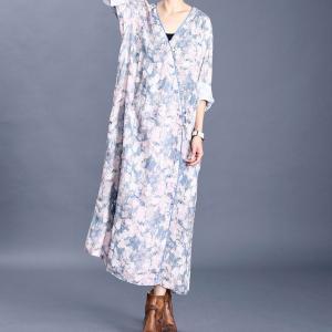 Chinese Style Printed Loose Dress Vintage Buttons Ramie Cheongsam