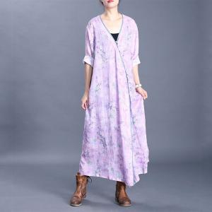 Chinese Style Printed Loose Dress Vintage Buttons Ramie Cheongsam