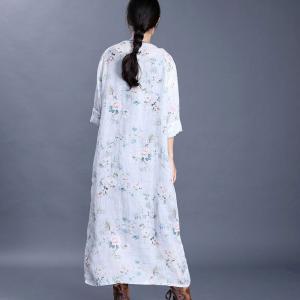 Chinese Style Printed Loose Dress Vintage Buttons Ramie Cheongsam