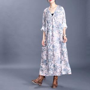 Chinese Style Printed Loose Dress Vintage Buttons Ramie Cheongsam