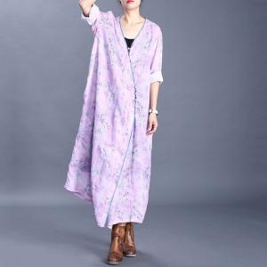 Chinese Style Printed Loose Dress Vintage Buttons Ramie Cheongsam