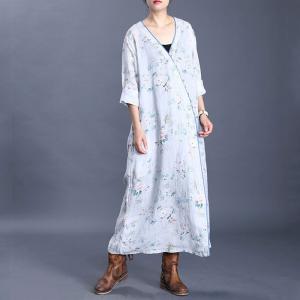 Chinese Style Printed Loose Dress Vintage Buttons Ramie Cheongsam