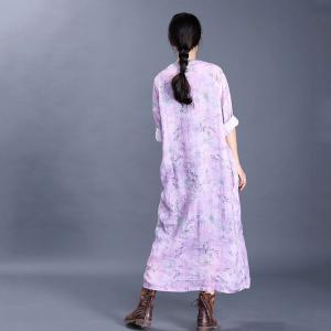Chinese Style Printed Loose Dress Vintage Buttons Ramie Cheongsam
