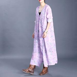 Chinese Style Printed Loose Dress Vintage Buttons Ramie Cheongsam