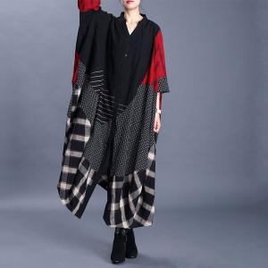 Black and Red Plaids Islamic Dress Plus Size Cotton Linen Caftan