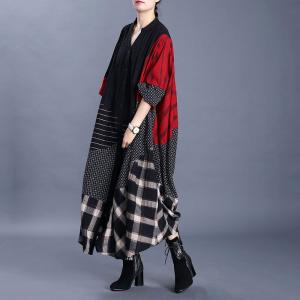 Black and Red Plaids Islamic Dress Plus Size Cotton Linen Caftan