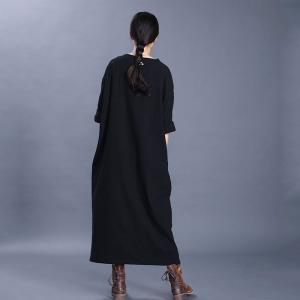 Loose-Fit Cotton Linen Shift Dress Long Sleeve Modest Apparel