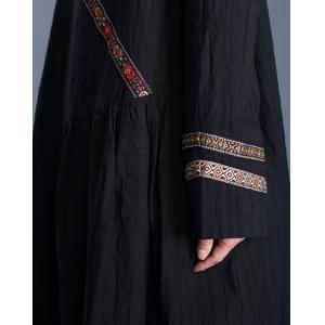 Chinese Embroidery Folk Dress Cotton Linen Black Modest Dress