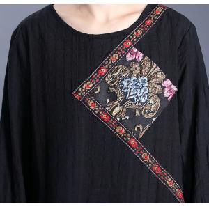 Chinese Embroidery Folk Dress Cotton Linen Black Modest Dress