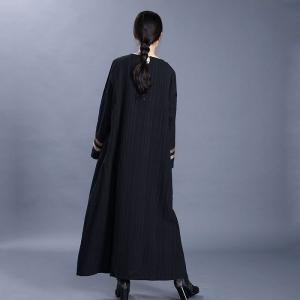 Chinese Embroidery Folk Dress Cotton Linen Black Modest Dress