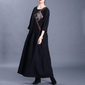 Chinese Embroidery Folk Dress Cotton Linen Black Modest Dress