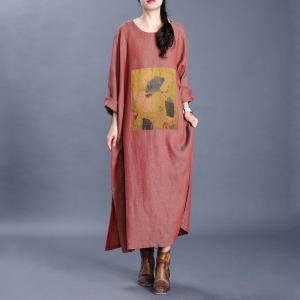 Bat Sleeve Large Printed Dress Flax Comfy Jellabiya Dress