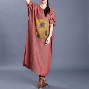 Bat Sleeve Large Printed Dress Flax Comfy Jellabiya Dress