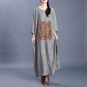 Bat Sleeve Large Printed Dress Flax Comfy Jellabiya Dress