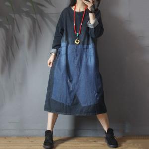 Blue Contrast Long Sleeve Denim Dress Loose Jean Dress