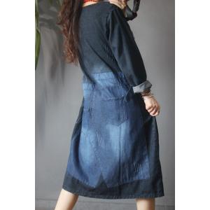 Blue Contrast Long Sleeve Denim Dress Loose Jean Dress