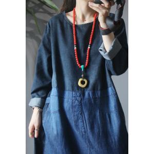 Blue Contrast Long Sleeve Denim Dress Loose Jean Dress