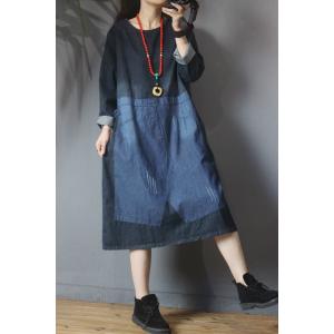 Blue Contrast Long Sleeve Denim Dress Loose Jean Dress