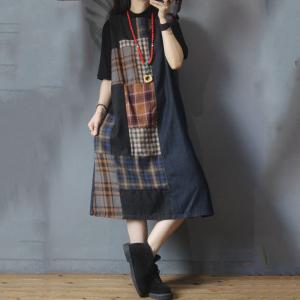 Checkered Patchwork Vest Dress Side Slits Denim Summer Dress