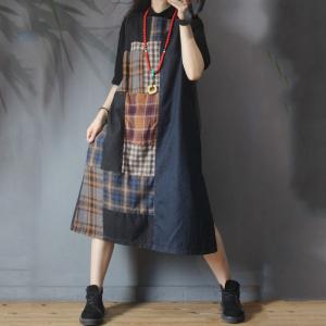 Checkered Patchwork Vest Dress Side Slits Denim Summer Dress