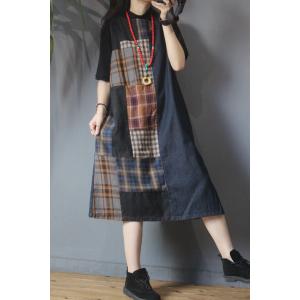 Checkered Patchwork Vest Dress Side Slits Denim Summer Dress