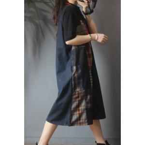 Checkered Patchwork Vest Dress Side Slits Denim Summer Dress