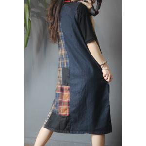 Checkered Patchwork Vest Dress Side Slits Denim Summer Dress