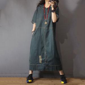 Baggy-Fitting Ripped Denim Dress Korean Hooded Dress