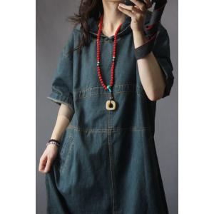 Baggy-Fitting Ripped Denim Dress Korean Hooded Dress