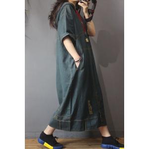 Baggy-Fitting Ripped Denim Dress Korean Hooded Dress