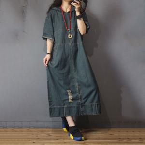 Baggy-Fitting Ripped Denim Dress Korean Hooded Dress