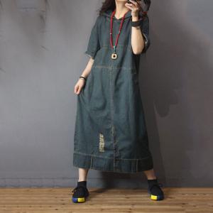 Baggy-Fitting Ripped Denim Dress Korean Hooded Dress