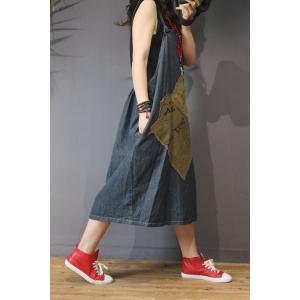 Letter Patchwork Suspender Dress Denim  Backless A-Line Dress