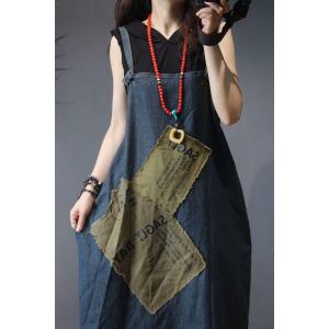 Letter Patchwork Suspender Dress Denim  Backless A-Line Dress