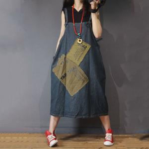 Letter Patchwork Suspender Dress Denim  Backless A-Line Dress