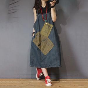 Letter Patchwork Suspender Dress Denim  Backless A-Line Dress