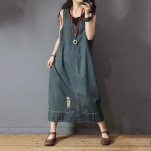 V-Neck Large Sleeveless Dress Summer Denim Maxi Dress