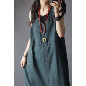 V-Neck Large Sleeveless Dress Summer Denim Maxi Dress