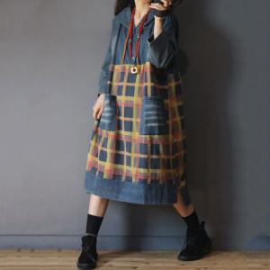 Korean Chic  Plaid Hoodie Dress  Long Sleeve Casual Jean Dress