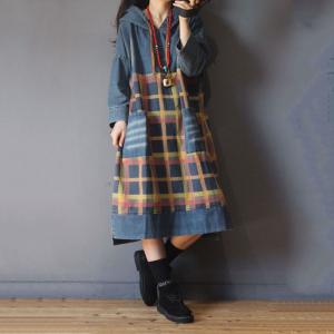 Korean Chic  Plaid Hoodie Dress  Long Sleeve Casual Jean Dress