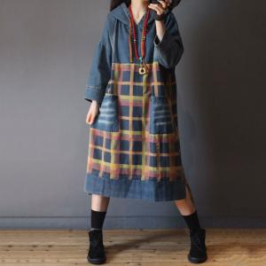 Korean Chic  Plaid Hoodie Dress  Long Sleeve Casual Jean Dress